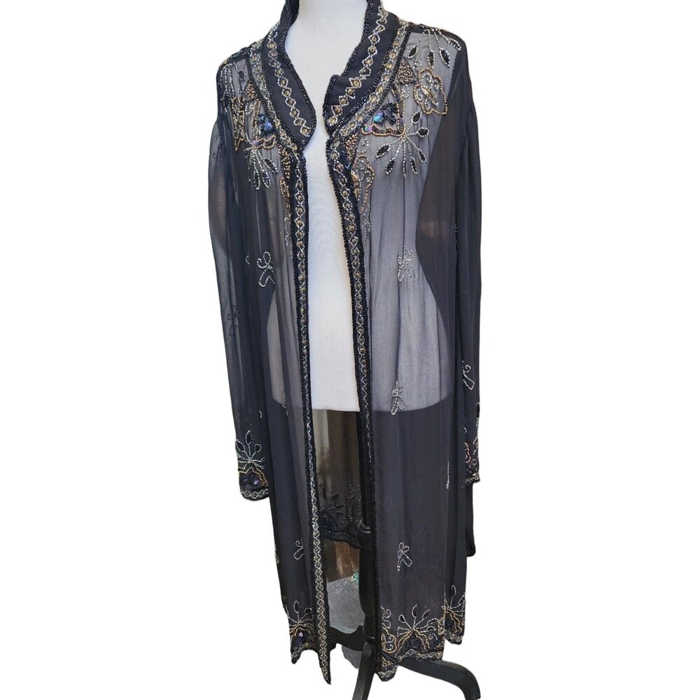 Roaman's Black Sheer Beaded Duster Plus Size 34